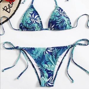 Tropical plant triangle tie side bikini swimsuit